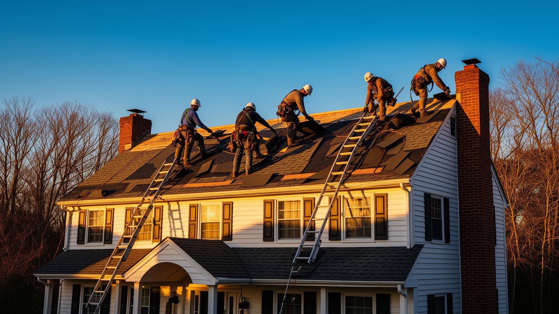 Roofing crew installing shingles on a Danbury Connecticut Colonial home